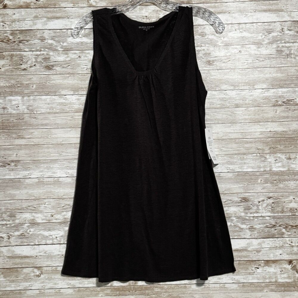 NWT Eileen Fisher Black Organic Linen Shirred Tunic Dress Sleeveless V-Neck XS